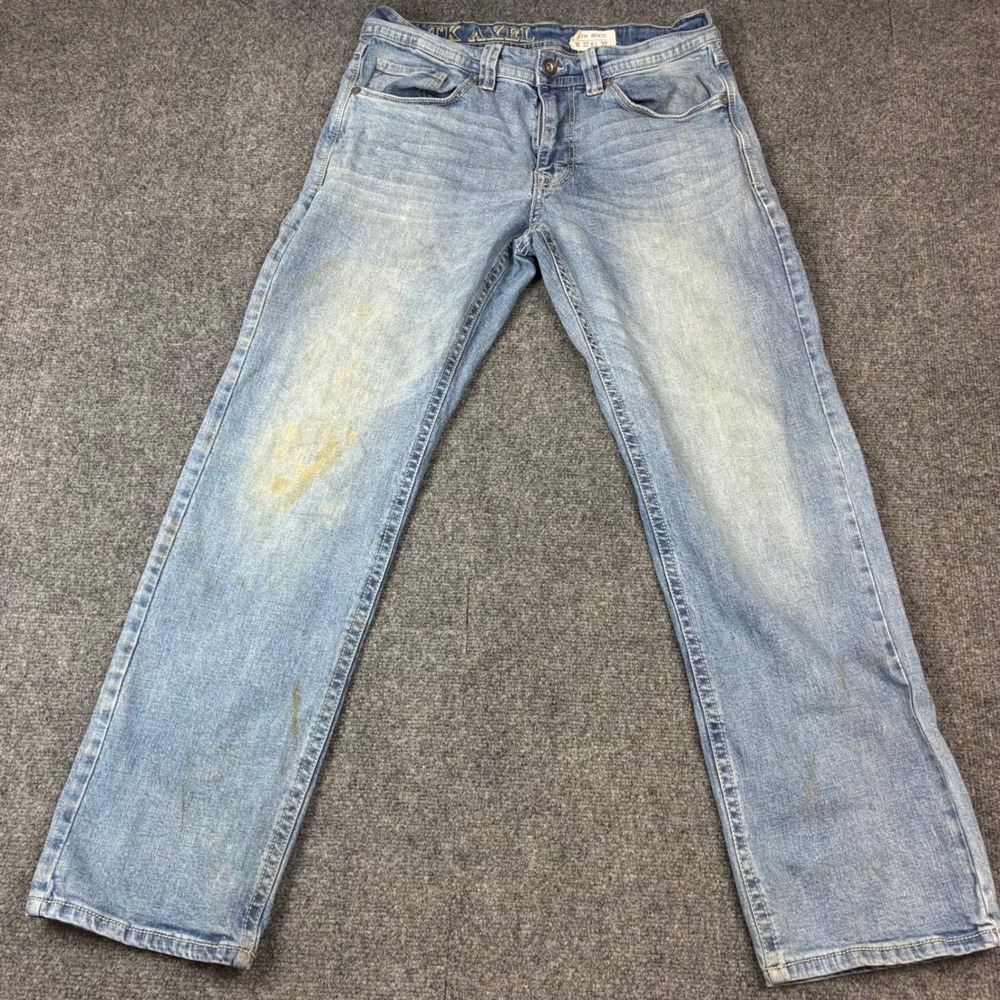 TK Axel‎ Mens Slim Bootcut Jeans Light Wash Blue Denim 32x32 Distressed Stained
